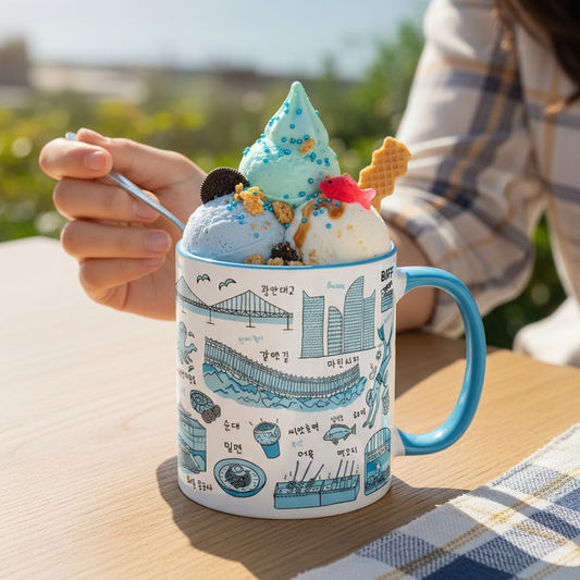 Korean Coffee Mug & Ice Cream Cup – Busan Line Art 11oz Ceramic Cup for K-Culture Lovers