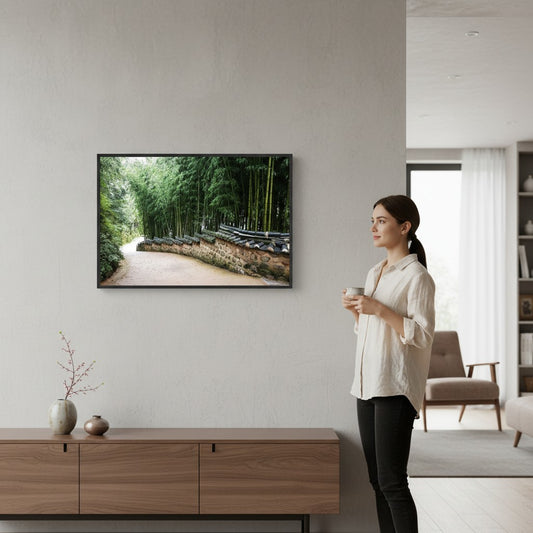 Beomeosa Temple Busan Poster - South Korea Zen Bamboo Forest Path & Traditional Stone Wall Art Print - Peaceful Asian Landscape Wall Decor
