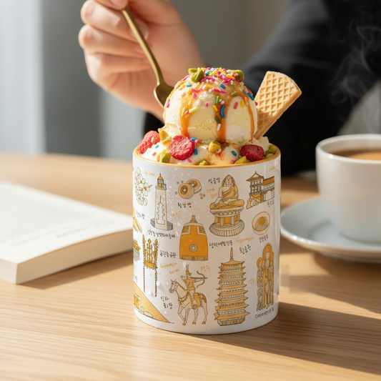 Korean Coffee Mug & Ice Cream Cup – Gyeongju Line Art 11oz Ceramic Cup for K-Culture Lovers