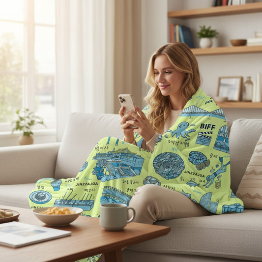 Busan Korea Throw Blanket (Light green) - Line Art of Busan Attractions, K-Drama & K-Pop Fan Gift