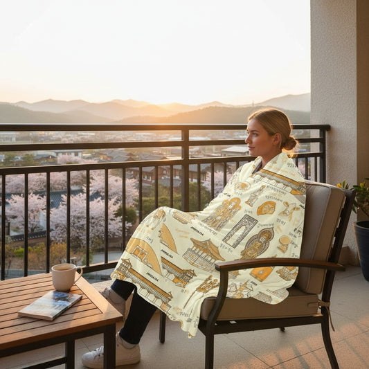 Gyeongju Korea Throw Blanket (Light Yellow) - Line Art of Gyeongju Attractions, K-Drama & K-Pop Fan Gift