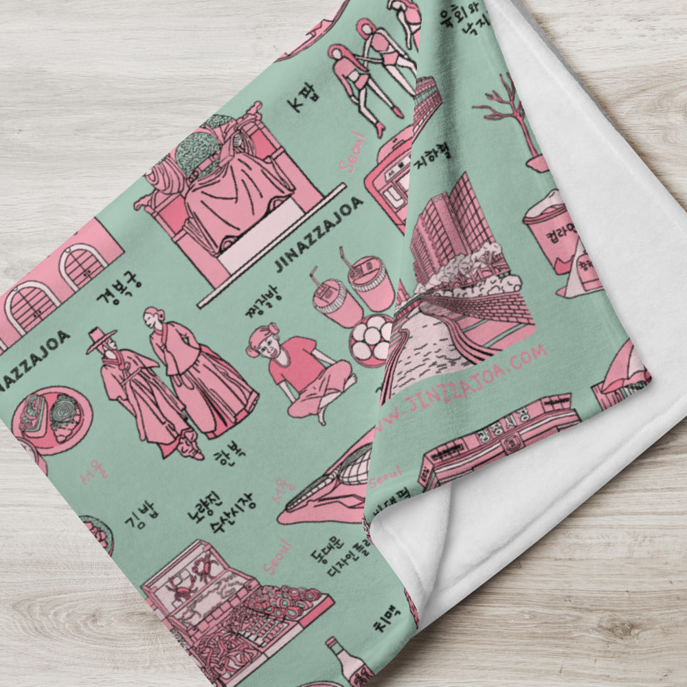 Seoul Korea Throw Blanket (Emerald) - Line Art of Seoul Attractions, K-Culture & K-Pop Fan Gift