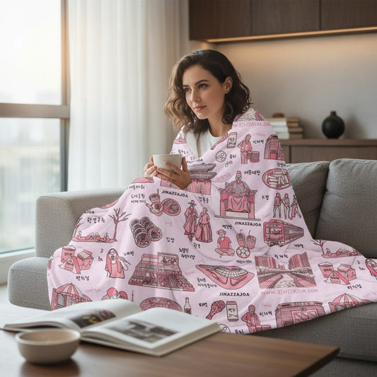 Seoul Korea Throw Blanket (Pink) - Line Art of Seoul Attractions, K-Culture & K-Pop Fan Gift