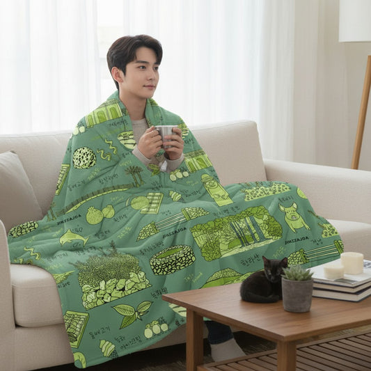Jeju Island Korea Throw Blanket (Dark Grass) - Line Art of Jeju Attractions, K-Drama & K-Pop Fan Gift