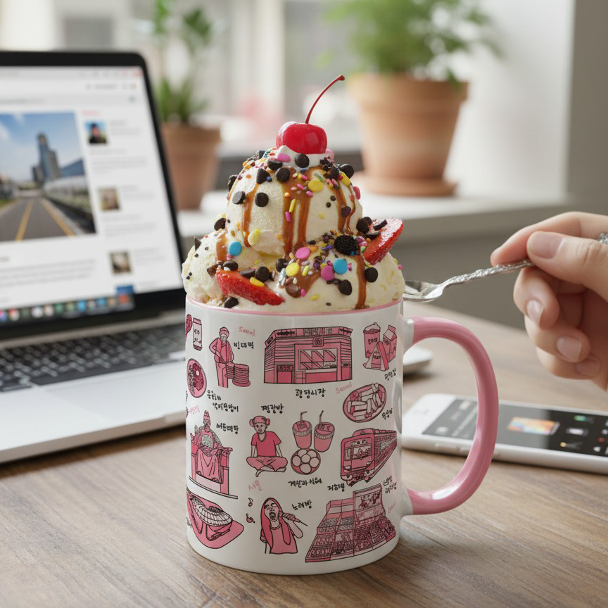 Korean Coffee Mug & Ice Cream Cup – Seoul Line Art 11oz Ceramic Cup for K-Culture Lovers