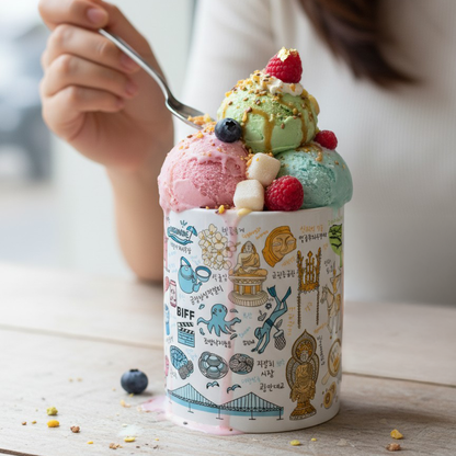 Korea Cities Coffee Mug & Ice Cream Cup – Hand Drawn Seoul Busan Jeju Gyeongju Travel Art Ceramic Cup