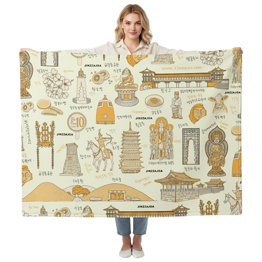 Gyeongju Korea Throw Blanket (Light Yellow) - Line Art of Gyeongju Attractions, K-Drama & K-Pop Fan Gift