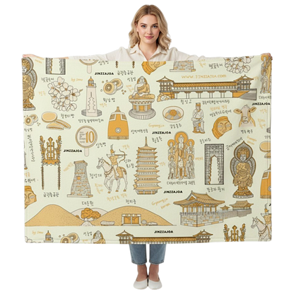 Gyeongju Korea Throw Blanket (Light Yellow) - Line Art of Gyeongju Attractions, K-Drama & K-Pop Fan Gift