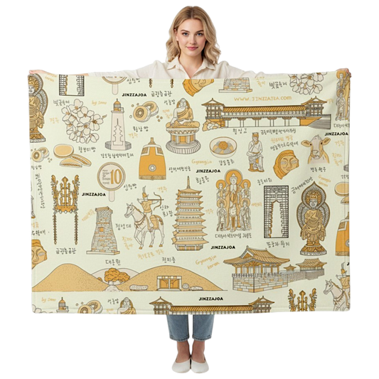 Gyeongju Korea Throw Blanket (Light Yellow) - Line Art of Gyeongju Attractions, K-Drama & K-Pop Fan Gift
