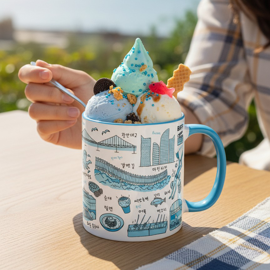 Korean Coffee Mug & Ice Cream Cup – Busan Line Art 11oz Ceramic Cup for K-Culture Lovers