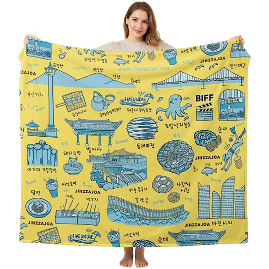 Busan Korea Throw Blanket (Vivid Yellow) - Line Art of Busan Attractions, K-Drama & K-Pop Fan Gift