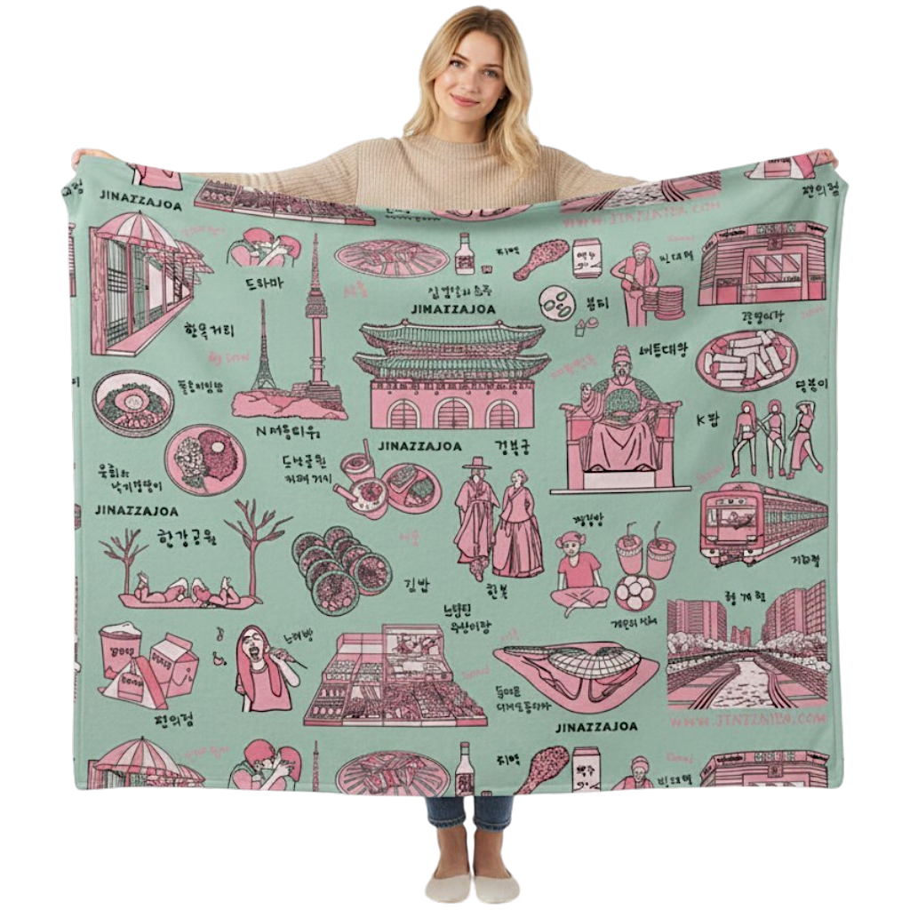 Seoul Korea Throw Blanket (Emerald) -  Line Art of Seoul Attractions, K-Culture & K-Pop Fan Gift