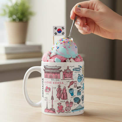 Korea Cities Coffee Mug & Ice Cream Cup – Hand Drawn Seoul Busan Jeju Gyeongju Travel Art Ceramic Cup