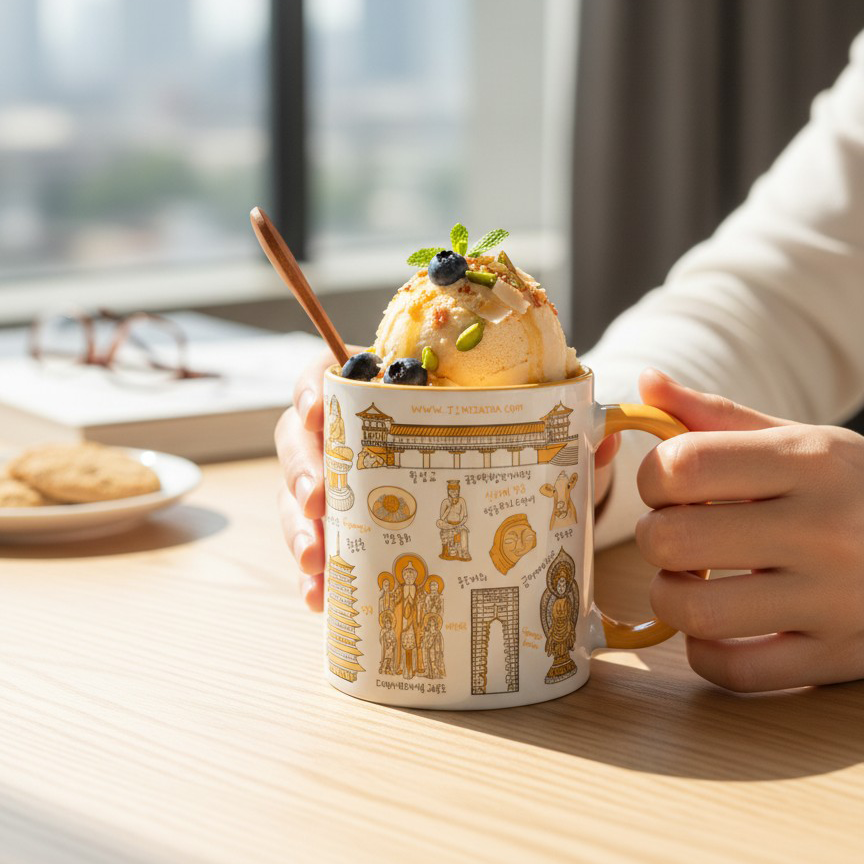 Korean Coffee Mug & Ice Cream Cup – Gyeongju Line Art 11oz Ceramic Cup for K-Culture Lovers