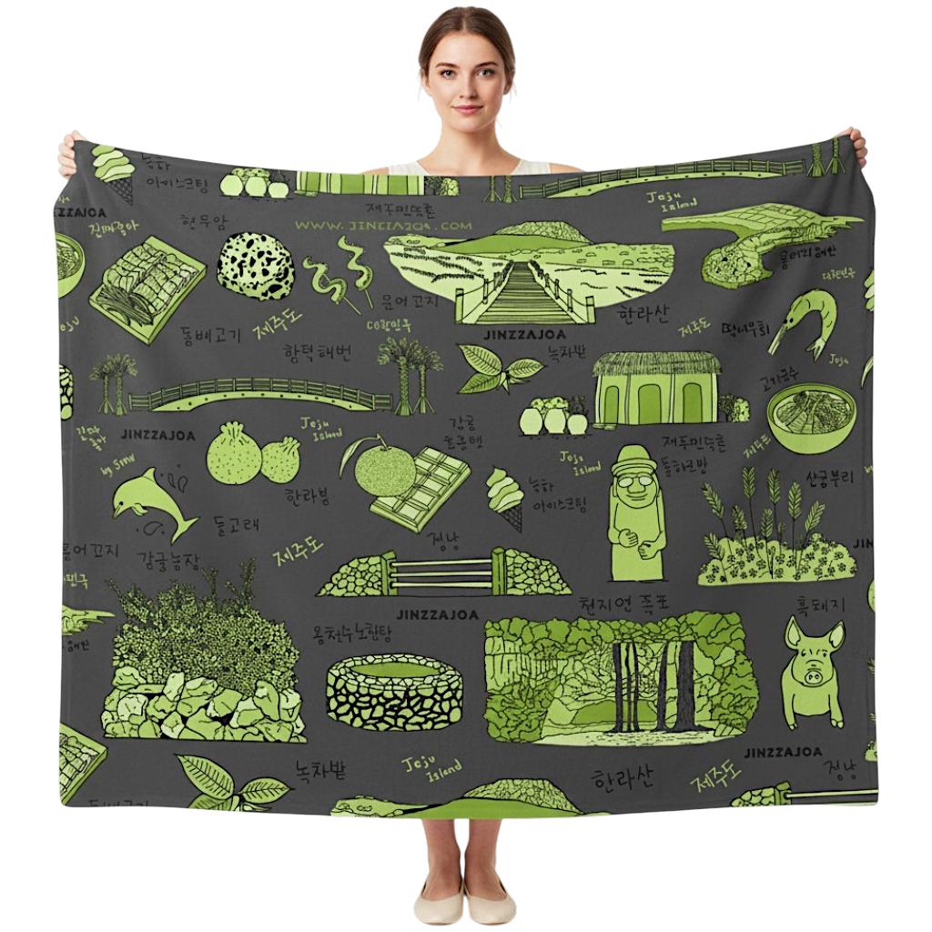 Jeju Island Korea Throw Blanket (Charcoal Gray) - Line Art of Jeju Attractions, K-Drama & K-Pop Fan Gift