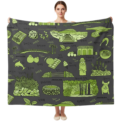 Jeju Island Korea Throw Blanket (Charcoal Gray) - Line Art of Jeju Attractions, K-Drama & K-Pop Fan Gift