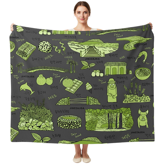 Jeju Island Korea Throw Blanket (Charcoal Gray) - Line Art of Jeju Attractions, K-Drama & K-Pop Fan Gift