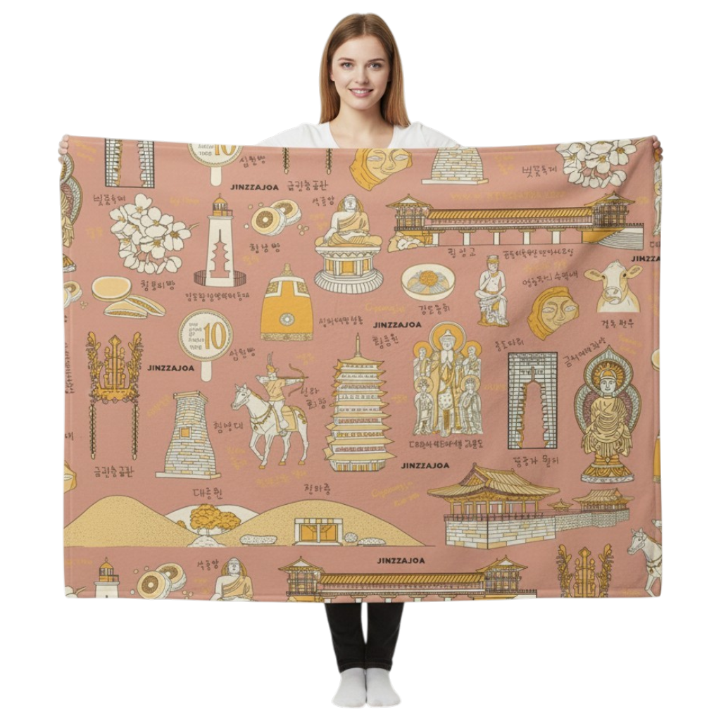 Gyeongju Korea Throw Blanket (Cream Pink) - Line Art of Gyeongju Attractions, K-Drama & K-Pop Fan Gift