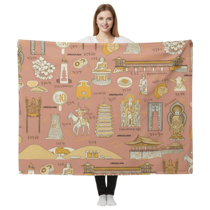 Gyeongju Korea Throw Blanket (Cream Pink) - Line Art of Gyeongju Attractions, K-Drama & K-Pop Fan Gift