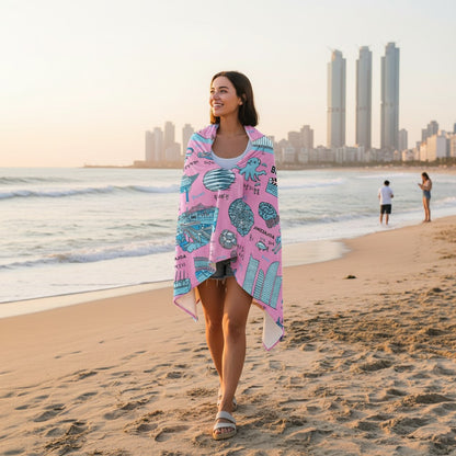 Busan Korea Throw Blanket (Bubblegum Pink) - Line Art of Busan Attractions, K-Drama & K-Pop Fan Gift