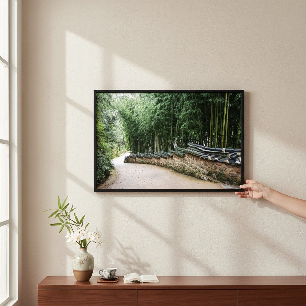 Beomeosa Temple Busan Poster - South Korea Zen Bamboo Forest Path & Traditional Stone Wall Art Print - Peaceful Asian Landscape Wall Decor