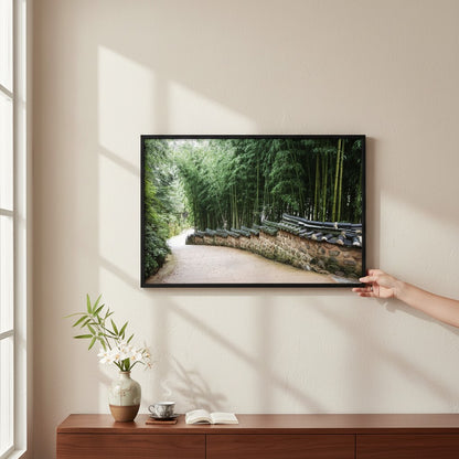 Beomeosa Temple Busan Poster - South Korea Zen Bamboo Forest Path & Traditional Stone Wall Art Print - Peaceful Asian Landscape Wall Decor