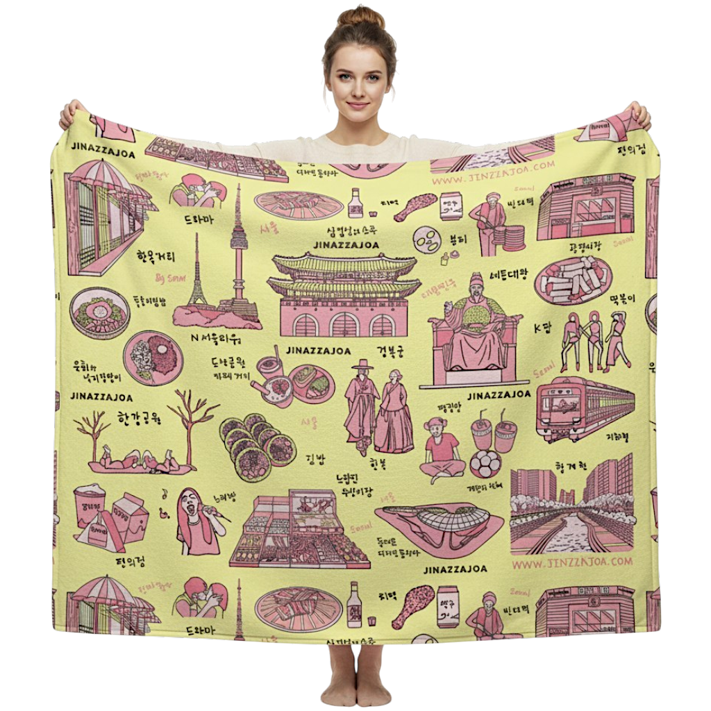 Seoul Korea Throw Blanket (Lemon Cream)  -  Line Art of Seoul Attractions, K-Culture & K-Pop Fan Gift