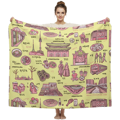Seoul Korea Throw Blanket (Lemon Cream)  -  Line Art of Seoul Attractions, K-Culture & K-Pop Fan Gift
