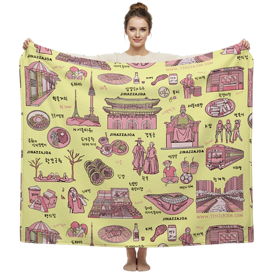 Seoul Korea Throw Blanket (Lemon Cream)  -  Line Art of Seoul Attractions, K-Culture & K-Pop Fan Gift