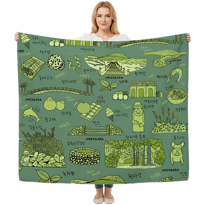 Jeju Island Korea Throw Blanket (Dark Grass) - Line Art of Jeju Attractions, K-Drama & K-Pop Fan Gift