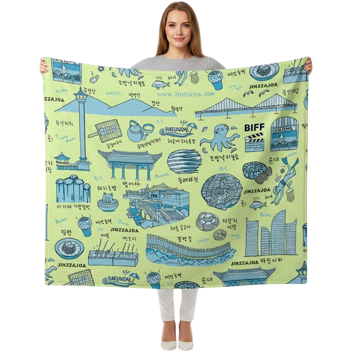 Busan Korea Throw Blanket (Light green) - Line Art of Busan Attractions, K-Drama & K-Pop Fan Gift