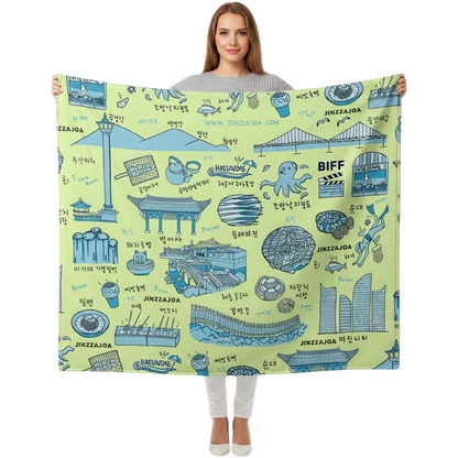 Busan Korea Throw Blanket (Light green) - Line Art of Busan Attractions, K-Drama & K-Pop Fan Gift