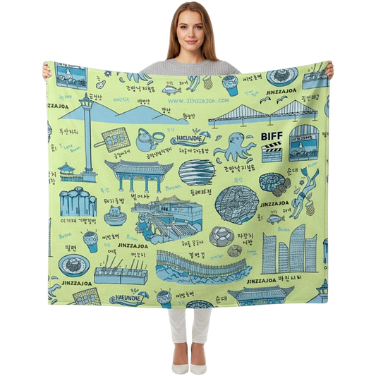 Busan Korea Throw Blanket (Light green) - Line Art of Busan Attractions, K-Drama & K-Pop Fan Gift