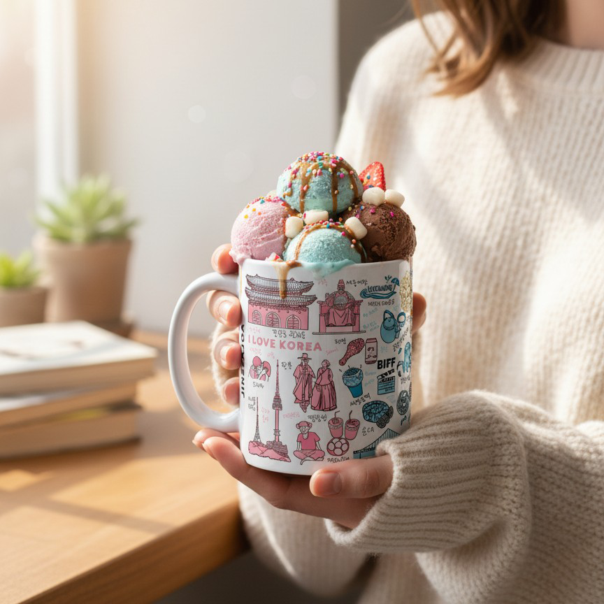 Korea Cities Coffee Mug & Ice Cream Cup – Hand Drawn Seoul Busan Jeju Gyeongju Travel Art Ceramic Cup