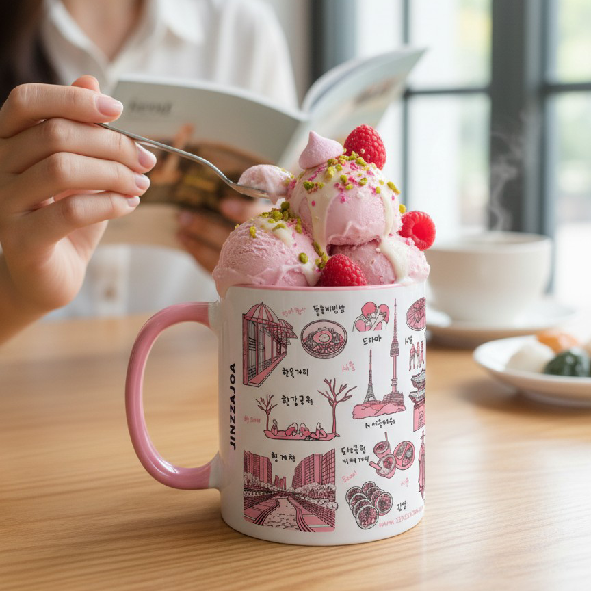 Korean Coffee Mug & Ice Cream Cup – Seoul Line Art 11oz Ceramic Cup for K-Culture Lovers