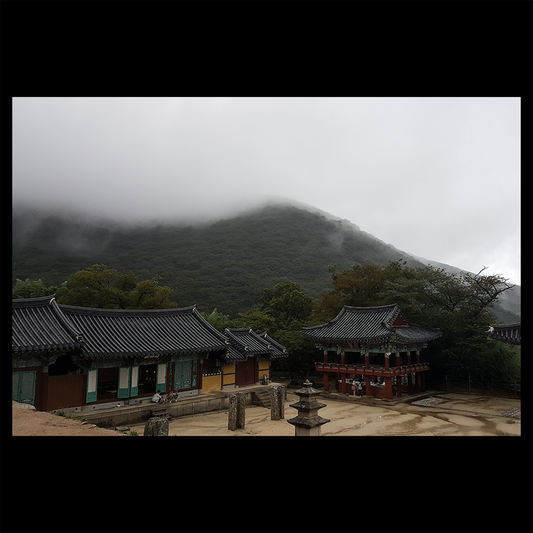 Busan South Korea Rainy Mountain Art Print – Beomeosa Temple Fog Photography, Peaceful Asian Architecture Wall Decor