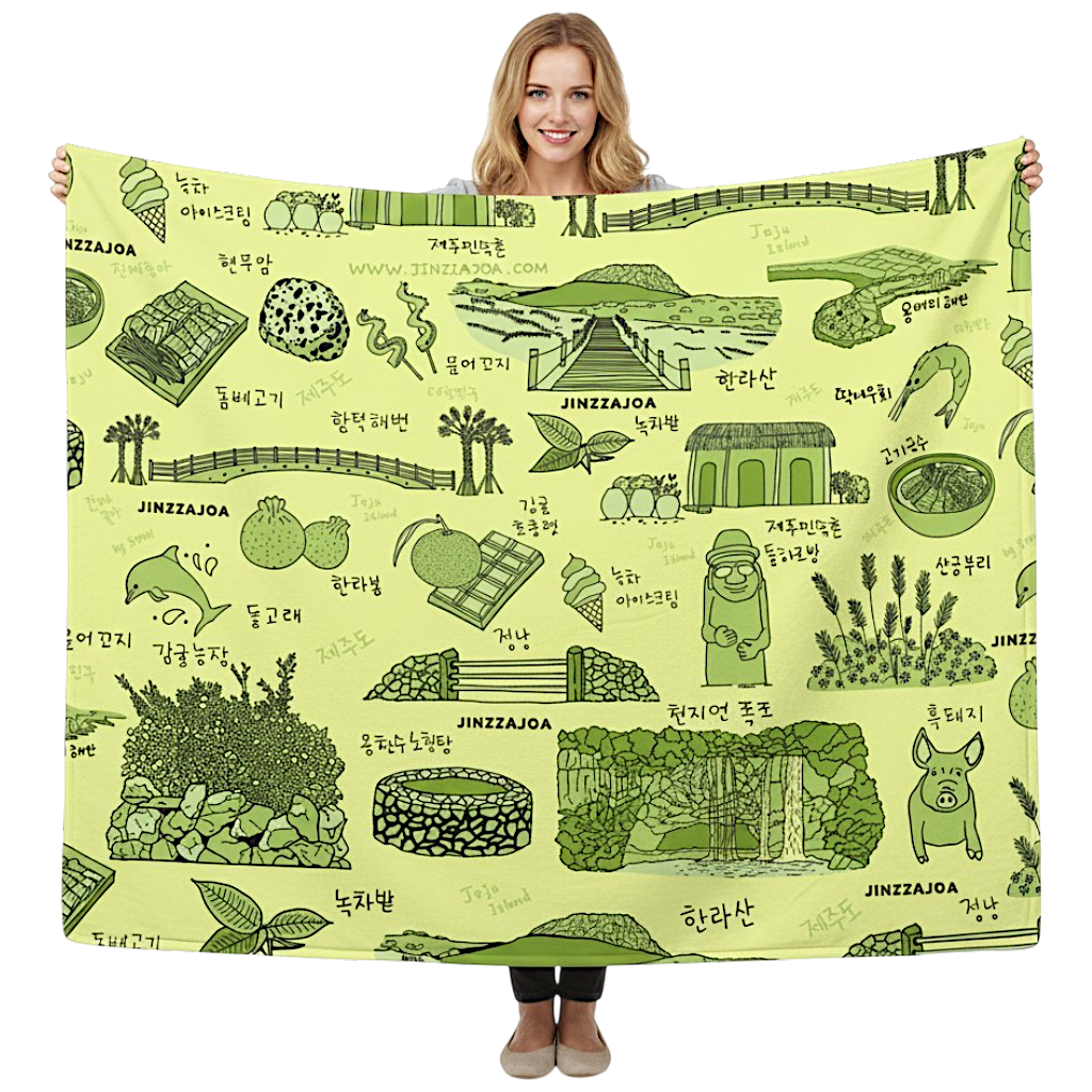 Jeju Island Korea Throw Blanket (Baby Green) - Line Art of Jeju Attractions, K-Drama & K-Pop Fan Gift