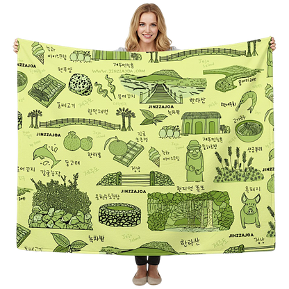 Jeju Island Korea Throw Blanket (Baby Green) - Line Art of Jeju Attractions, K-Drama & K-Pop Fan Gift