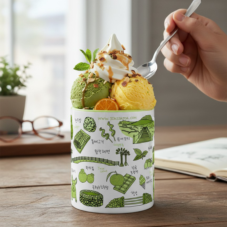 Korean Coffee Mug & Ice Cream Cup – Jeju Island Line Art 11oz Ceramic Cup for K-Culture Lovers