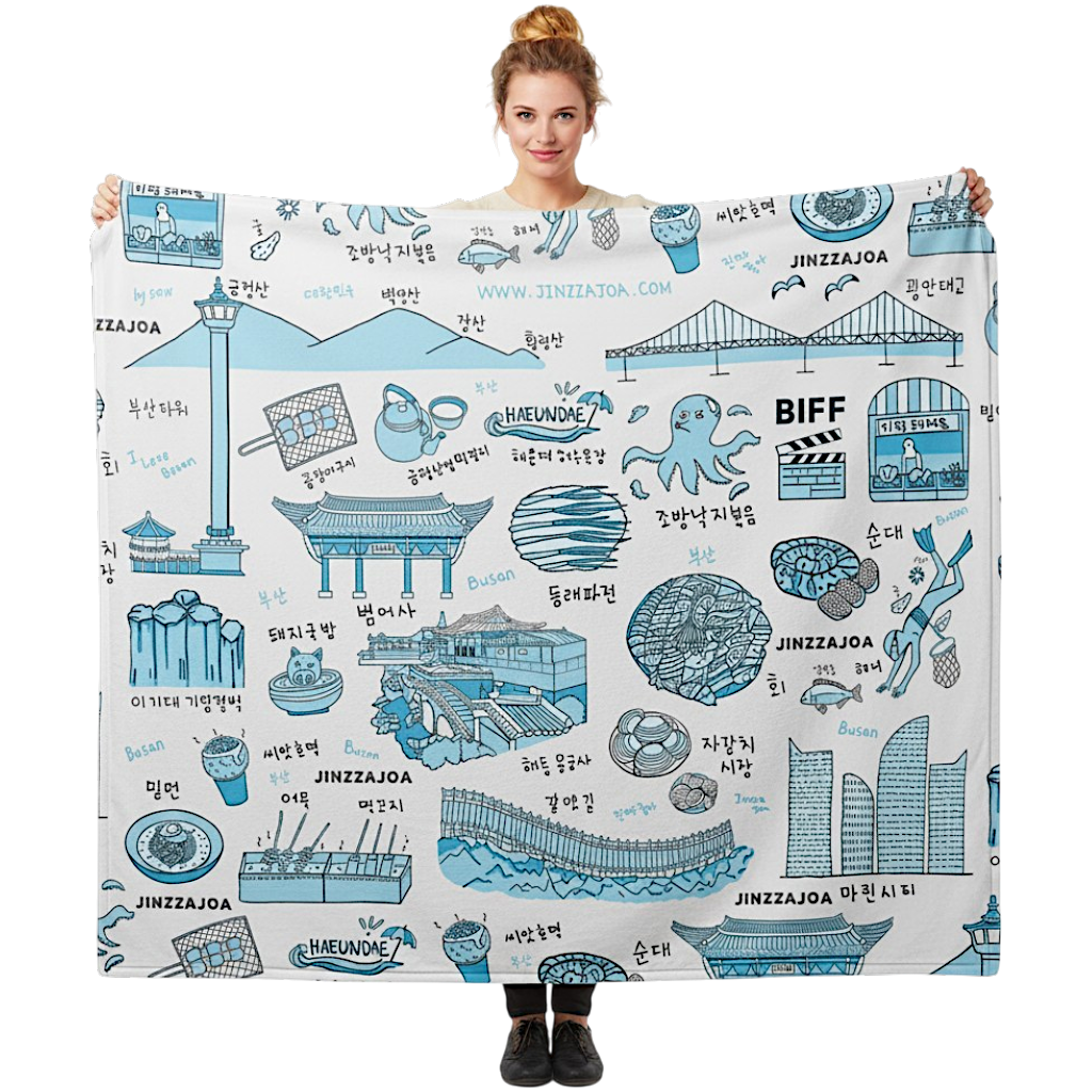 Busan Korea Throw Blanket (Light Gray) - Line Art of Busan Attractions, K-Drama & K-Pop Fan Gift