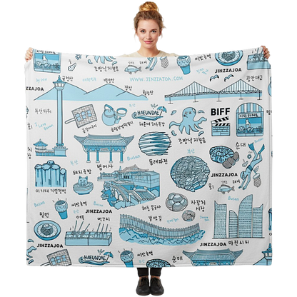 Busan Korea Throw Blanket (Light Gray) - Line Art of Busan Attractions, K-Drama & K-Pop Fan Gift