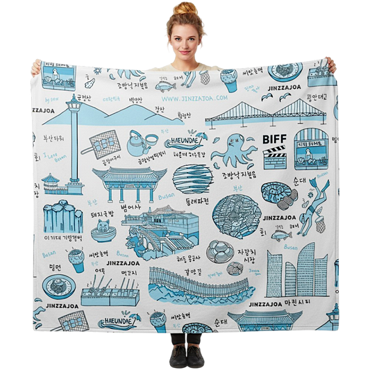 Busan Korea Throw Blanket (Light Gray) - Line Art of Busan Attractions, K-Drama & K-Pop Fan Gift