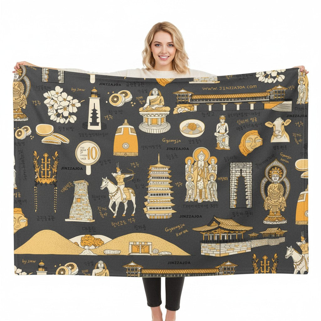 Gyeongju Korea Throw Blanket (Deep Gray) - Line Art of Gyeongju Attractions, K-Drama & K-Pop Fan Gift