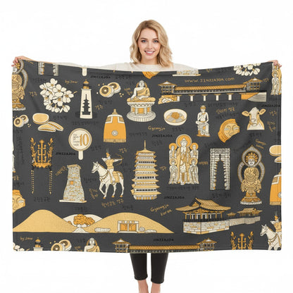 Gyeongju Korea Throw Blanket (Deep Gray) - Line Art of Gyeongju Attractions, K-Drama & K-Pop Fan Gift
