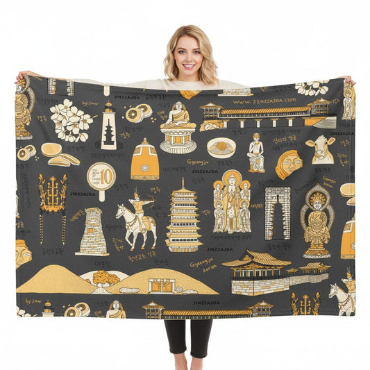Gyeongju Korea Throw Blanket (Deep Gray) - Line Art of Gyeongju Attractions, K-Drama & K-Pop Fan Gift