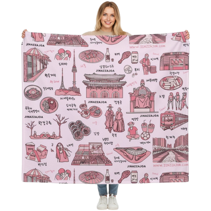 Seoul Korea Throw Blanket (Pink) -  Line Art of Seoul Attractions, K-Culture & K-Pop Fan Gift