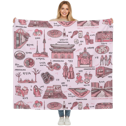 Seoul Korea Throw Blanket (Pink) -  Line Art of Seoul Attractions, K-Culture & K-Pop Fan Gift