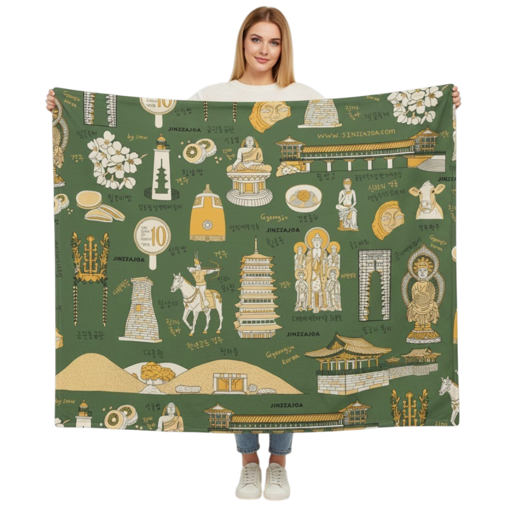 Gyeongju Korea Throw Blanket (Sage Green) - Line Art of Gyeongju Attractions, K-Drama & K-Pop Fan Gift