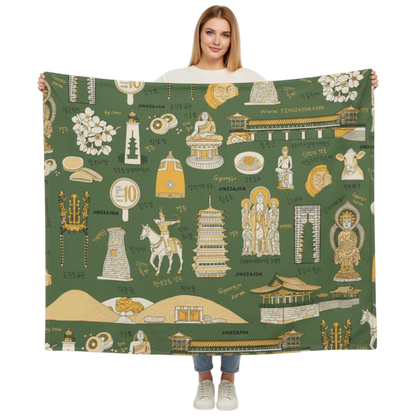 Gyeongju Korea Throw Blanket (Sage Green) - Line Art of Gyeongju Attractions, K-Drama & K-Pop Fan Gift