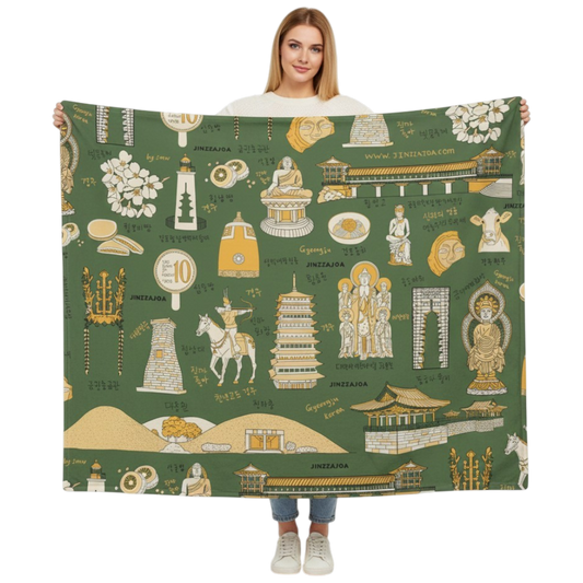 Gyeongju Korea Throw Blanket (Sage Green) - Line Art of Gyeongju Attractions, K-Drama & K-Pop Fan Gift
